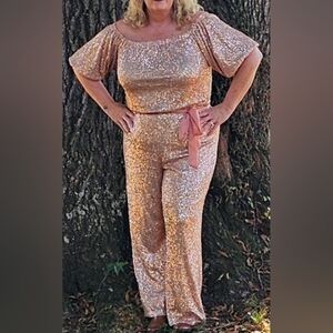 Glamorous Gold Sequin Jumpsuit with Wide-Leg Fit